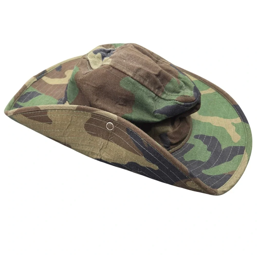 Vintage 80s Woodland Camo Boonie Hat L Green Made USA 1 Sided Snap Brim Military